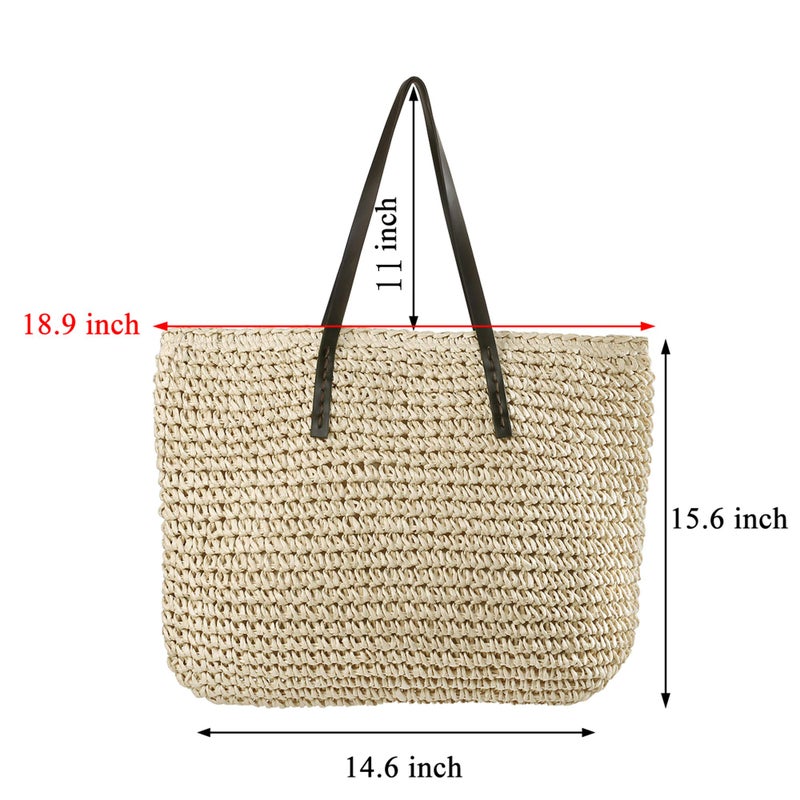 Ayliss Women Straw Woven Tote Large Beach Handmade Weaving Shoulder Bag Purse Straw Handbag (Square Beige #1) - Image 3